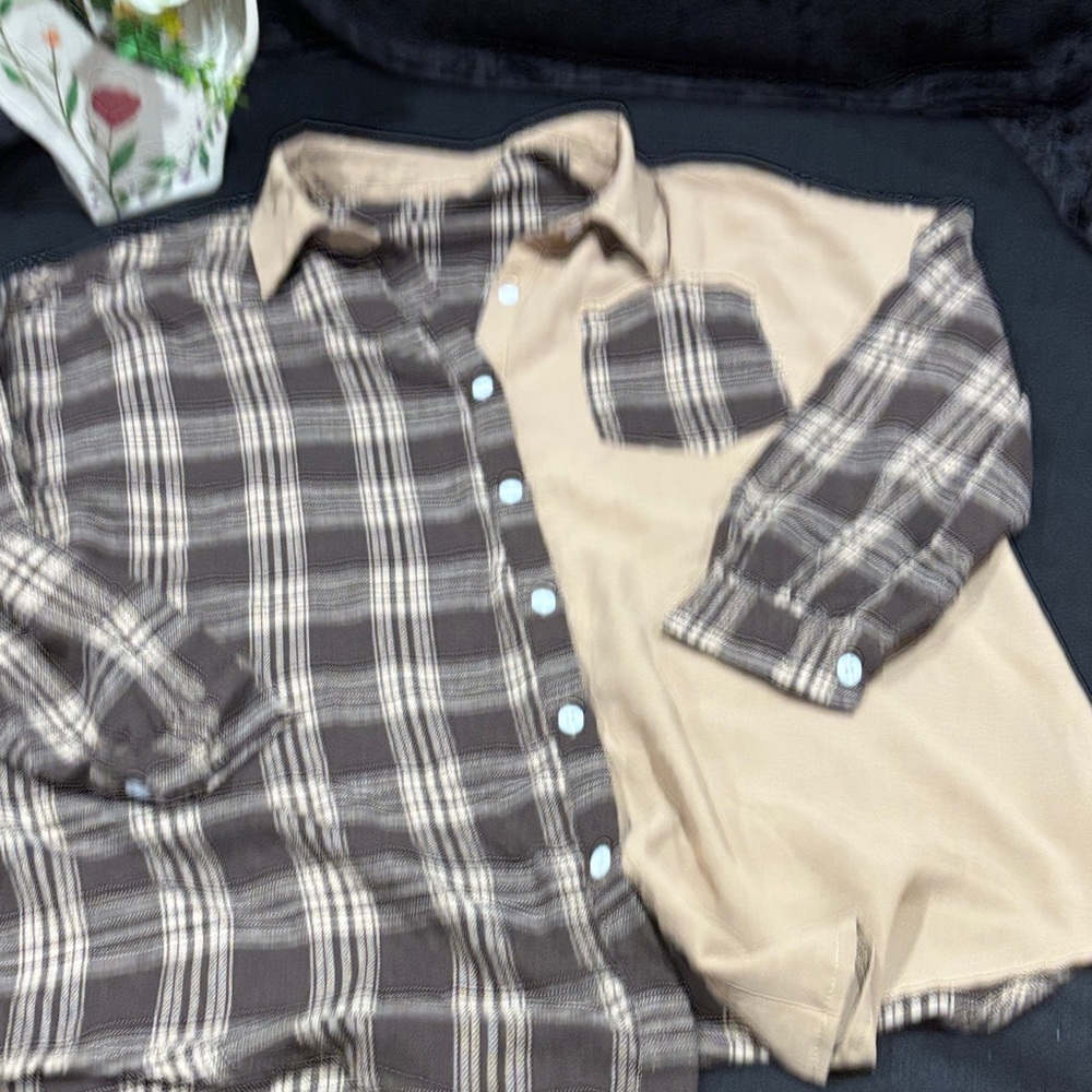 SHEIN Plaid and Solid Shirt - Brown and Tan full button down.